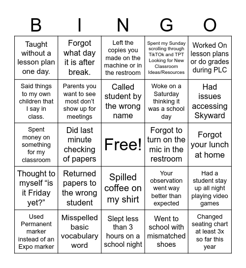 Never have I ever Teachers version Bingo Card