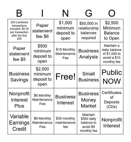 Business Accounts Bingo Card