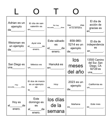 VOCAB Bingo Card