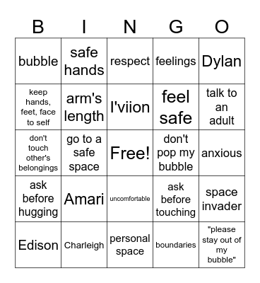 Personal Space Bingo Card