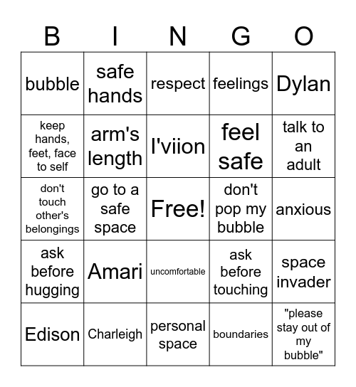 Personal Space Bingo Card