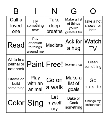 Coping Skills Bingo Card