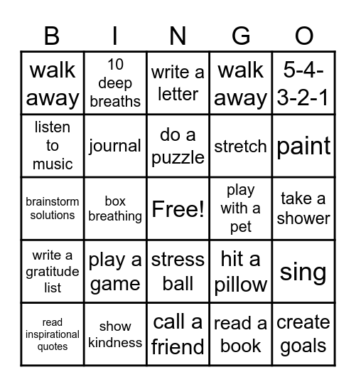 Coping Skills Bingo Card