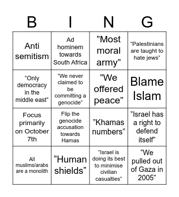 Israel ICJ Defence Bingo Card