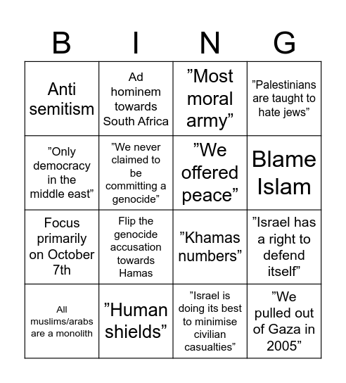 Israel ICJ Defence Bingo Card