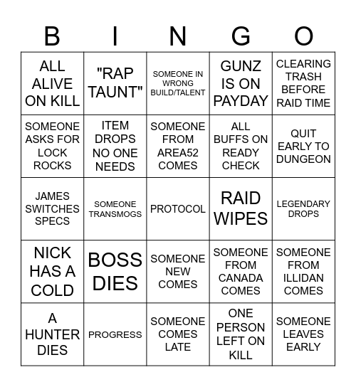 Twilight Raider Bingo Card