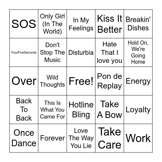 Drake V Rhianna Bingo Card