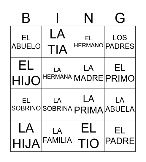 LA FAMILIA Bingo Card