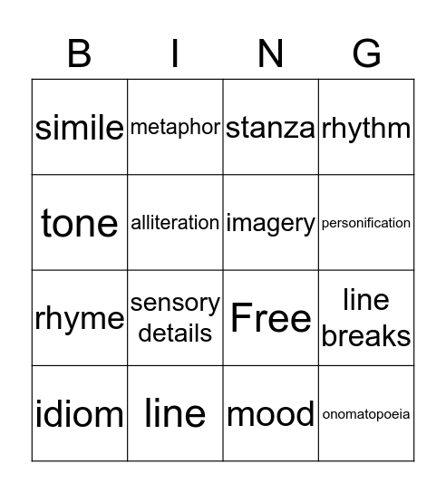 Poetry Terms Bingo Card