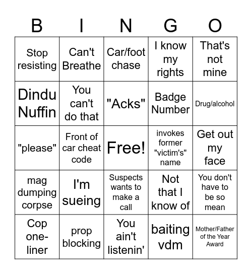 Police Activity Bingo Card Bingo Card