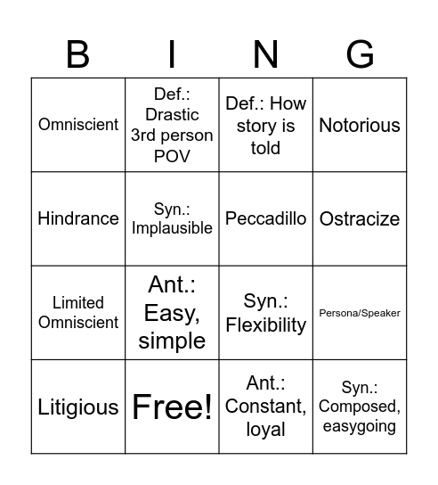 Vocab List #6 Bingo Game Bingo Card