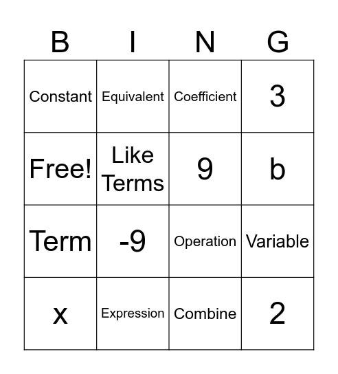 Expressions Vocabulary Bingo Card