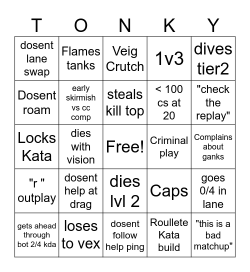 Tonky bingo sheet Bingo Card