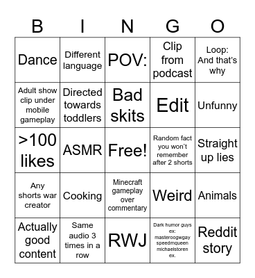 Youtube Shorts Bingo Card