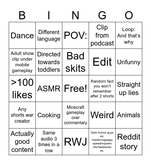 Youtube Shorts Bingo Card