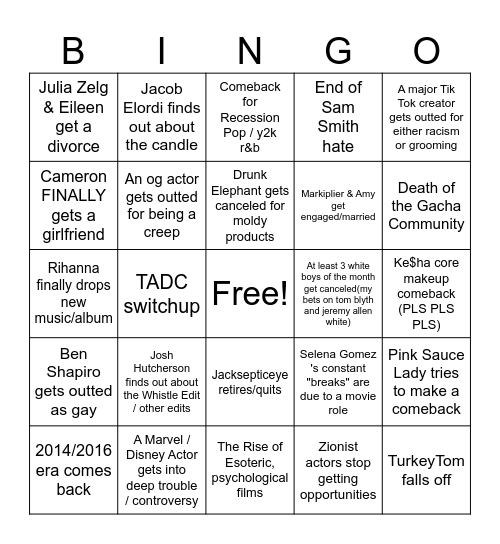 Angie's 2024 Predictions Bingo Card