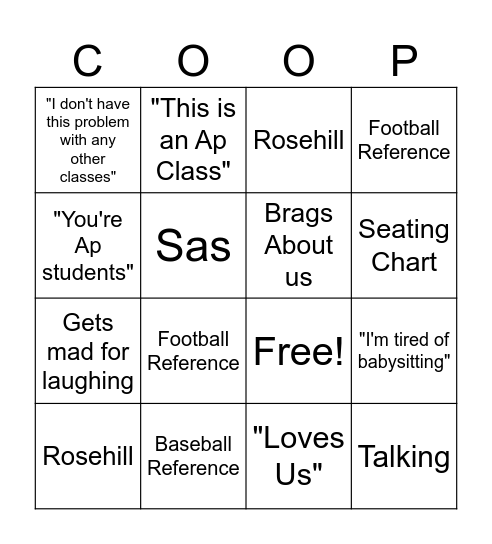 Mr. Cooper's Bingo Card