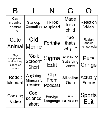 The YouTube Shorts Bingo Card