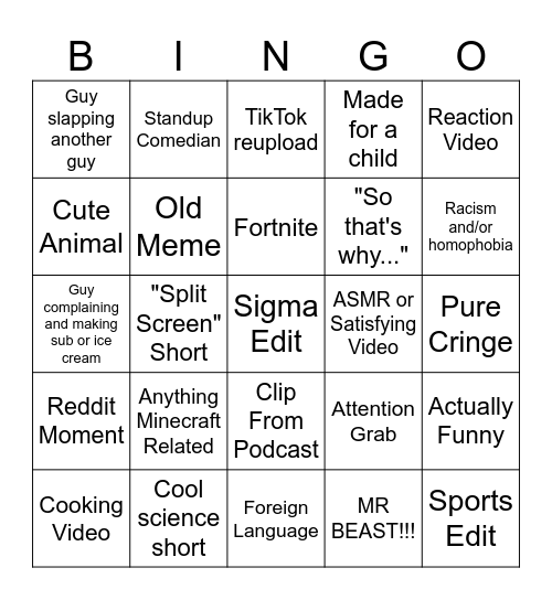 The YouTube Shorts Bingo Card