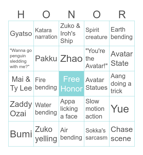 Avatar Trailer Bingo Card