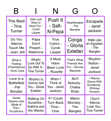 Ladies Of The 80's Bingo Card