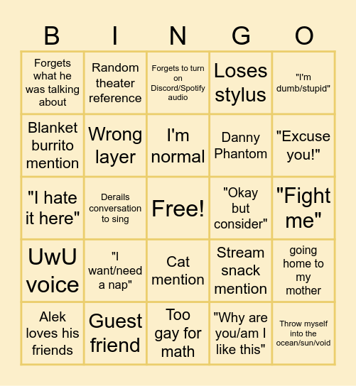 Alek's Stream Bingo Card