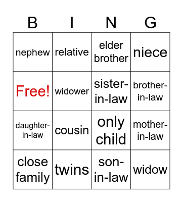 Family members Bingo Card