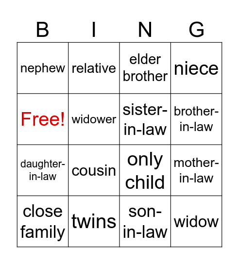 Family members Bingo Card
