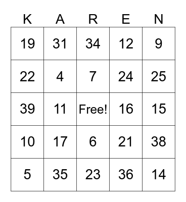 Karen's Hen Party Bingo Card