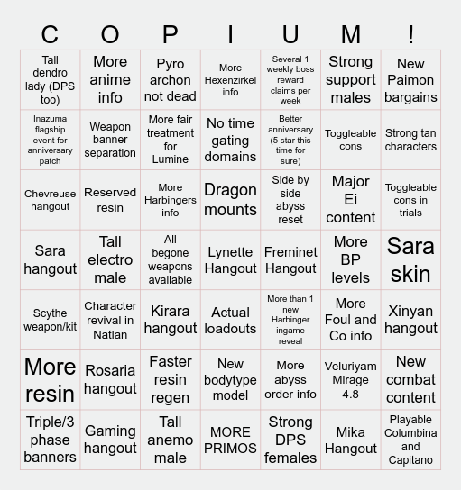 Copium Impact 2024 bingo Card