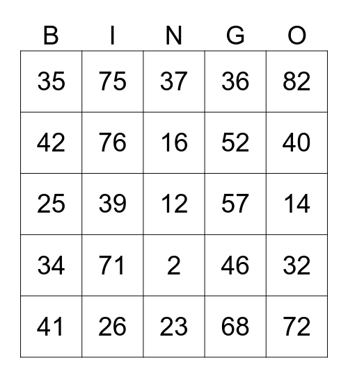 Number BINGO 1-90 Bingo Card