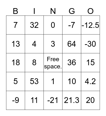 Math Bingo. Bingo Card