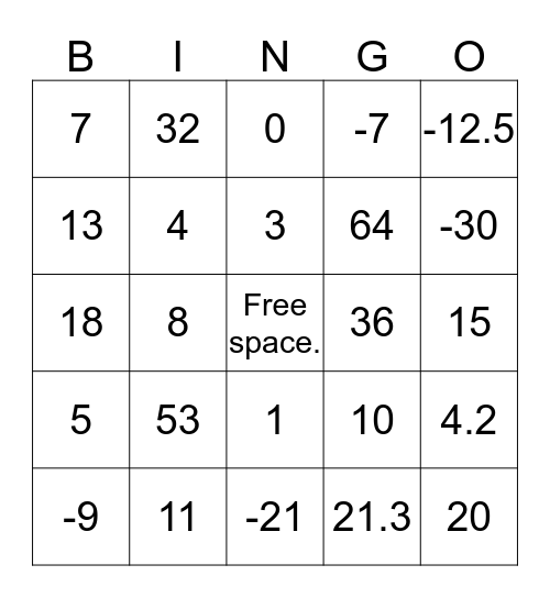 Math Bingo. Bingo Card