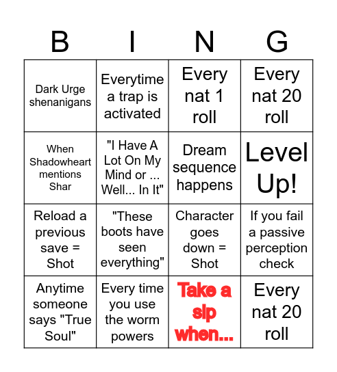 Baldur's Gate 3 drinking game Bingo Card