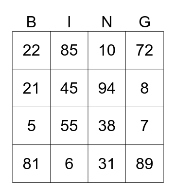 OINK! Place Value Game 1-99 Bingo Card