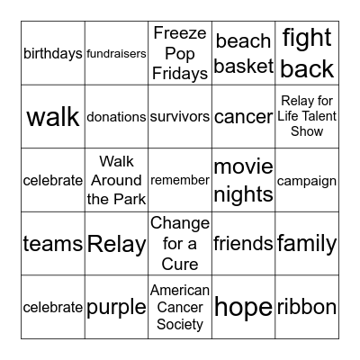 Relay for Life Purple Day BINGO Card