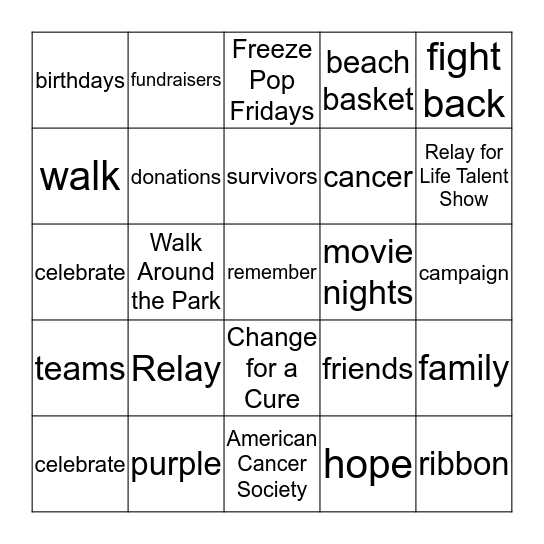 Relay for Life Purple Day BINGO Card