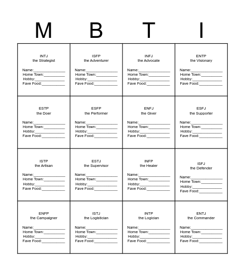 MBTI Bingo Card