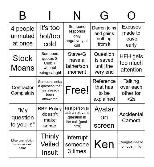 FO Weekly Catch Up Bingo Card