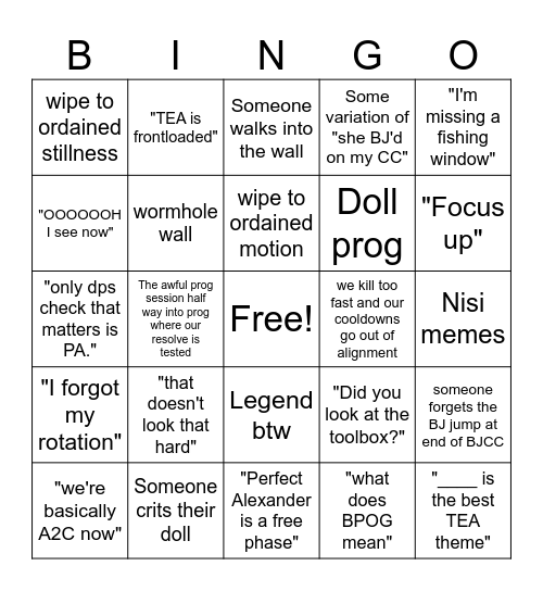 FFXIV TEA Static Bingo Card