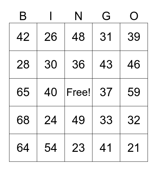 les nombres 20 à 69 Bingo Card