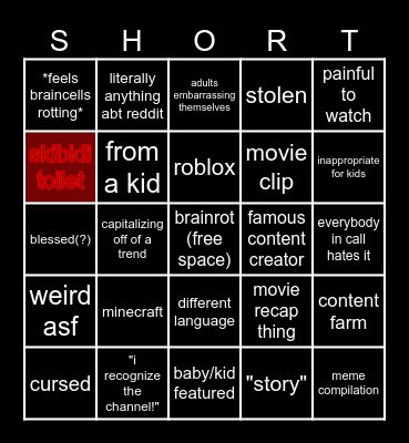 youtube short bingo Card
