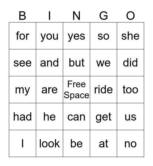 Sight Word Bingo Card