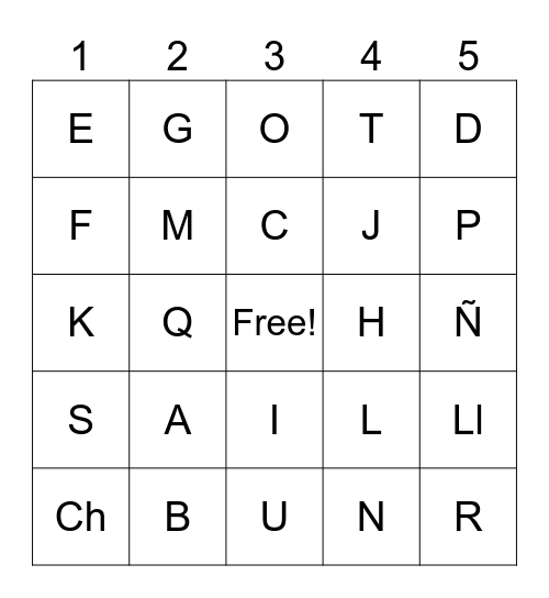 Spanish Alphabet Bingo Card