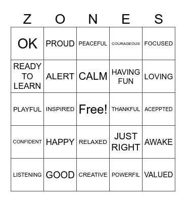 GREEN ZONE EMOTIONS Bingo Card