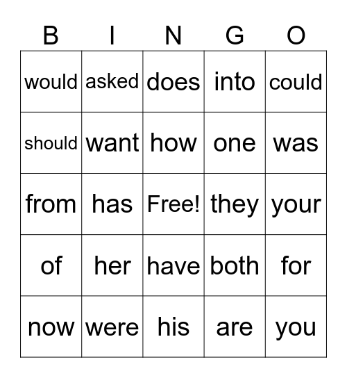 High Frequency Words Bingo Card