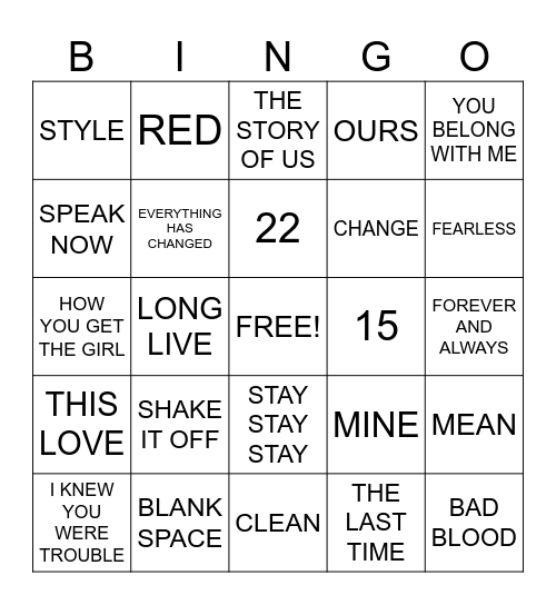 TAYLOR SWIFT SONGS Bingo Card