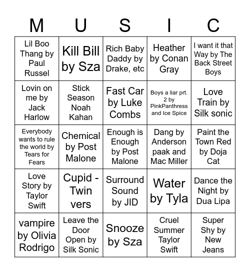 Music Bingo Card