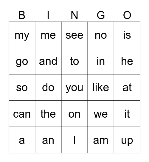 Sight Words - List A Bingo Card