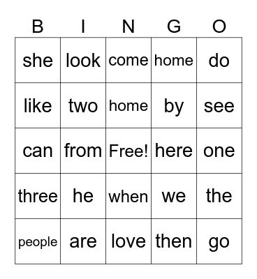 High Frequency Words Bingo Card